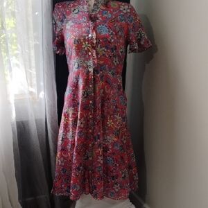 Talbots Red Pink Midi Dress with Flutter Sleeves and Crew Neck